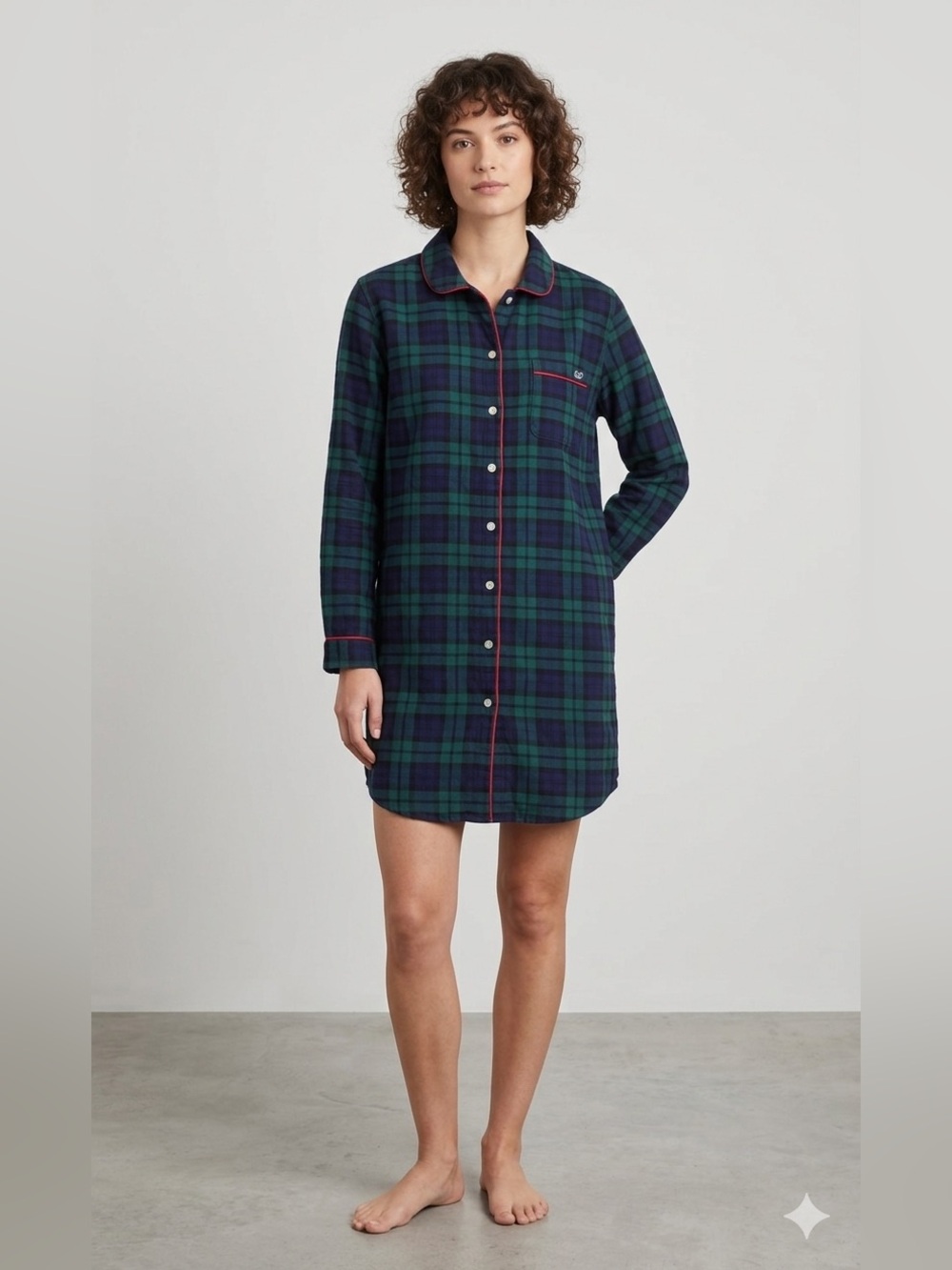 Vineyard Vines Blackwatch Plaid Flannel Sleep Shirt Nightgown Red Piping Medium